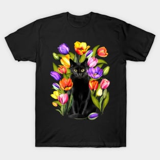 Black Cat With Tulip Flowers Happy Easter Day T-Shirt